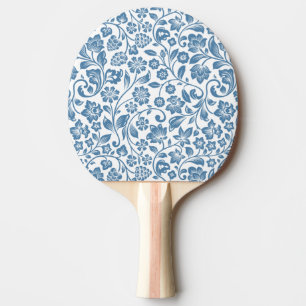 Raquette De Ping Pong Motif de vignes florales bleues et blanches ornées