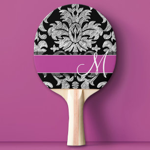 Raquette De Ping Pong Motif dentelle noir et blanc Monogramme personnali