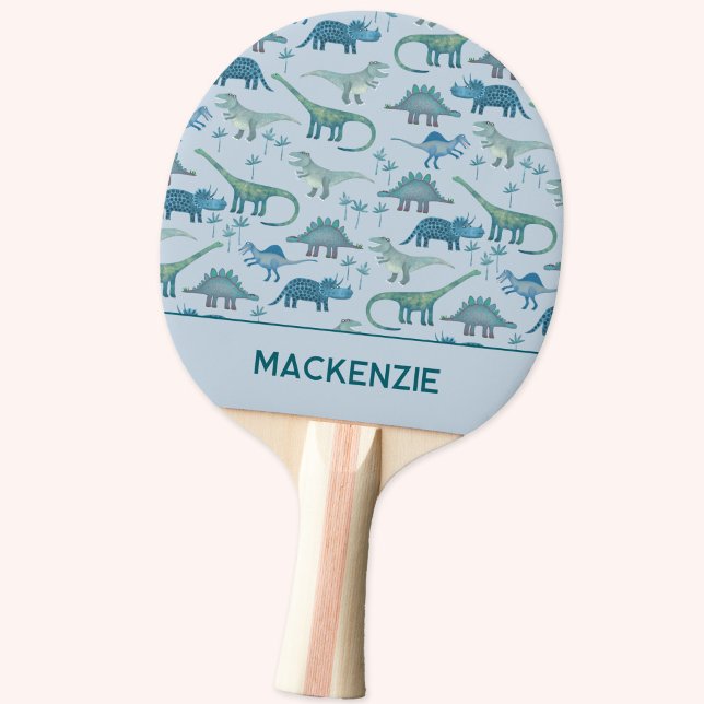 Raquette De Ping Pong Motif Dinosaure Bleu Nom Personnalisé (Personalized custom name dinosaur ping pong paddle)