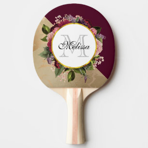 Raquette De Ping Pong Motif en marbre d'or et Monogramme de fleurs de Bo