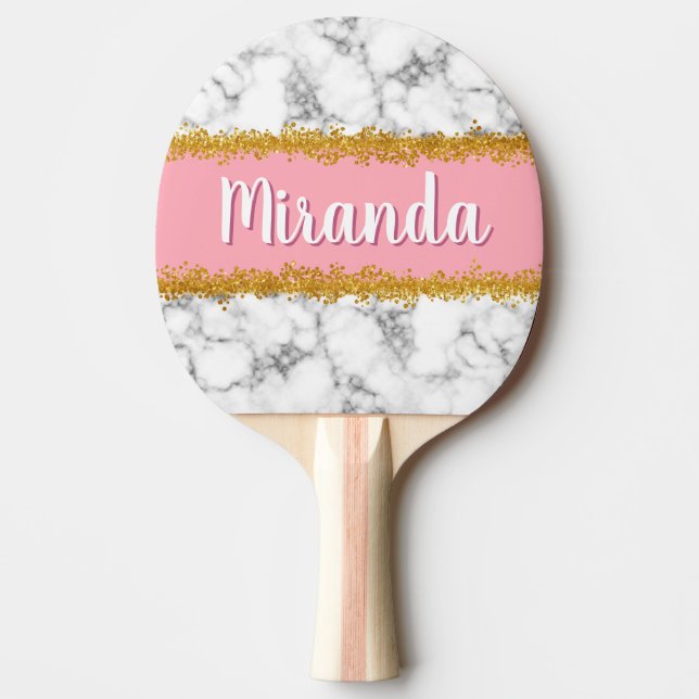 Raquette De Ping Pong Motif en marbre sur rose avec Parties scintillant  (Devant)