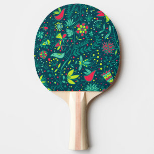 Raquette De Ping Pong Motif floral avec des oiseaux de bande dessinée