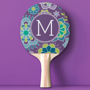 Raquette De Ping Pong Motif floral coloré amusant Monogramme personnalis