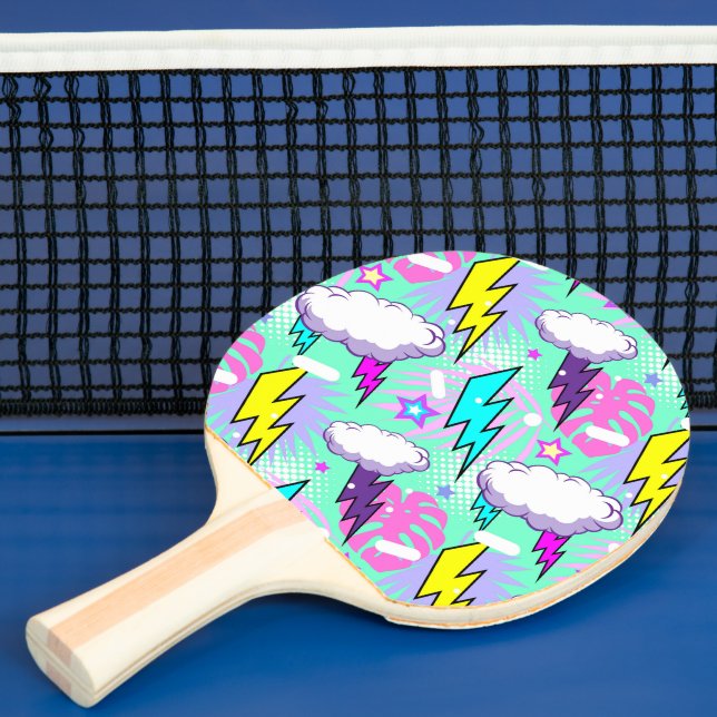 Raquette De Ping Pong Motif Neon Lightning Bolts & Stars (Insitu)