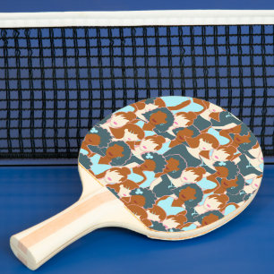 Raquette De Ping Pong Motif sans couture avec filles noires et blanches