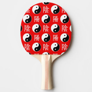 Raquette De Ping Pong Motif Yinyang chinois sur fond rouge