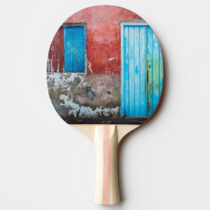 Raquette De Ping Pong Mur, porte et fenêtre rouge, bleu et gris