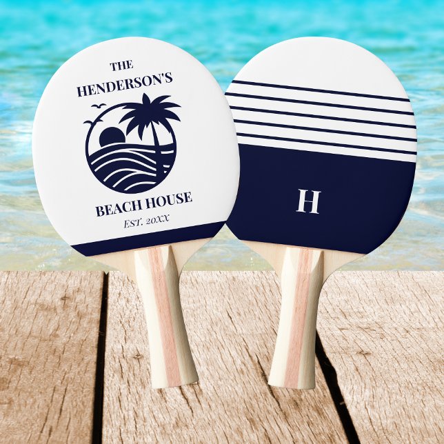 Raquette De Ping Pong Navy Stripes Palm Tree Monogram Family Coastal (Créateur téléchargé)