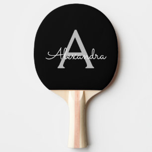 Raquette De Ping Pong Noir Argent moderne Script Girl Monogramme Nom