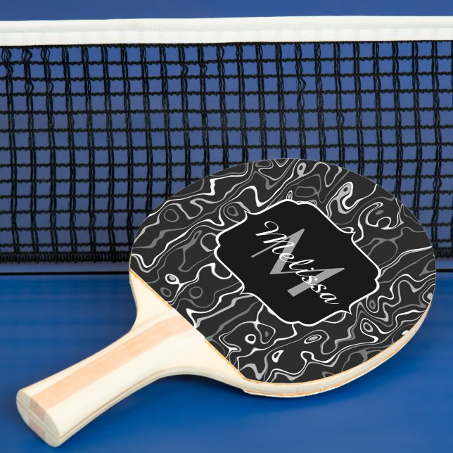 Raquette De Ping Pong Noir blanc gris damas tourbillons abstraits Monogr (Insitu)