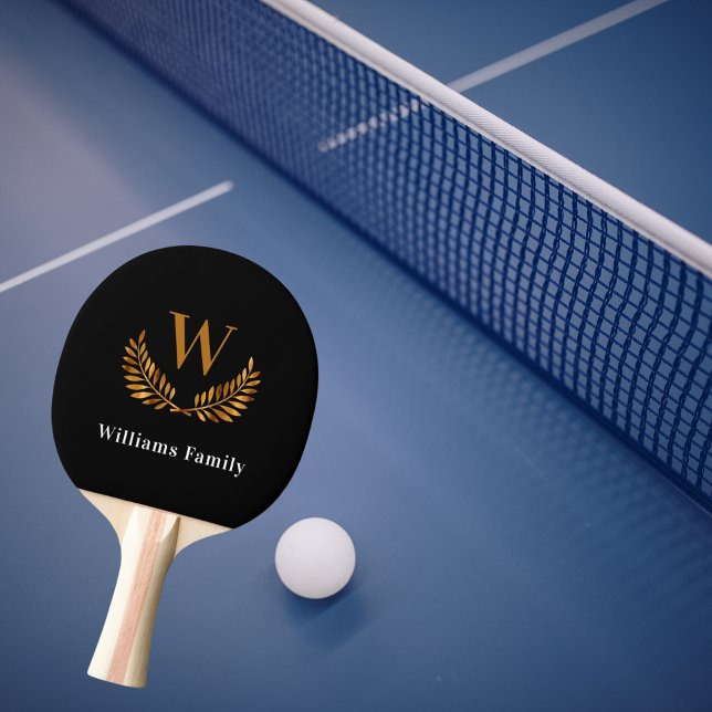 Raquette De Ping Pong Noir or Famille monogramme nom laurier couronne (Créateur téléchargé)