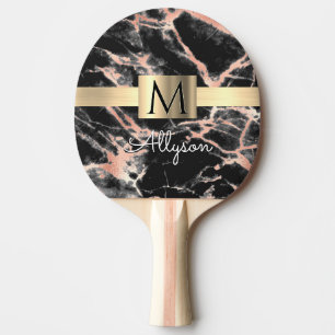 Raquette De Ping Pong Noir & Rose Gold Marble Boîte, Nom & Monogramme