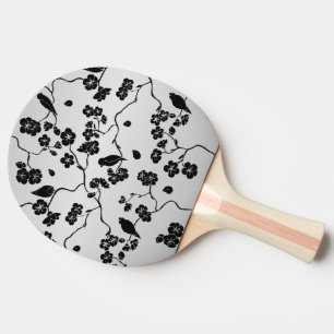 Raquette De Ping Pong Noir sur les oiseaux Motifs en argent et fleurs de