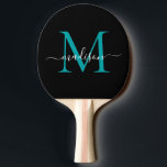 Raquette De Ping Pong Noir Turquoise Monogramme vert Élégant Nom de scri<br><div class="desc">Monogramme Turquoise moderne noir élégant Nom de script Ping Pong Paddle</div>