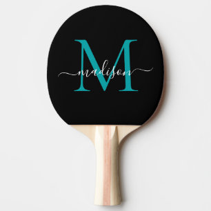 Raquette De Ping Pong Noir Turquoise Monogramme vert joli Nom du script