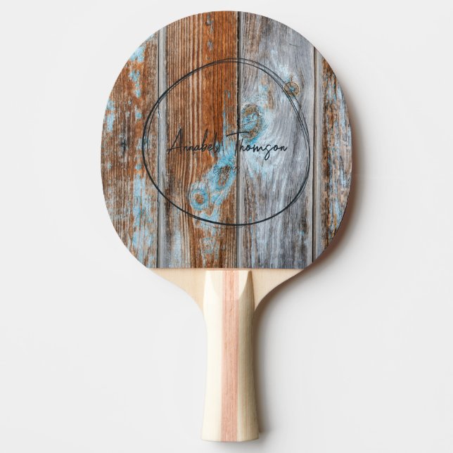 Raquette De Ping Pong Nom de bois en bleu usé dans un cercle dessiné (Devant)