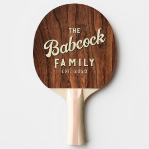 Raquette De Ping Pong Nom de famille et année en bois de cerisier rétro 