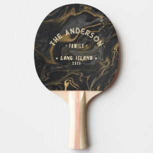 Raquette De Ping Pong Nom de famille vintage bord de mer Marbre Noir Or