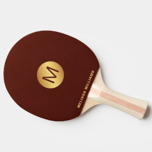 Raquette De Ping Pong Nom de monogramme élégant Cuir rouge et or
