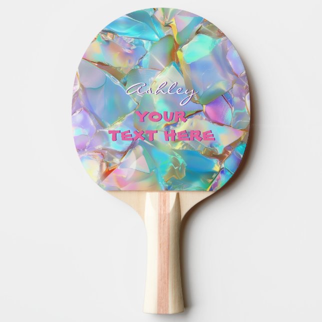 Raquette De Ping Pong Nom de script blanc sur fond opale, votre texte (Dos)
