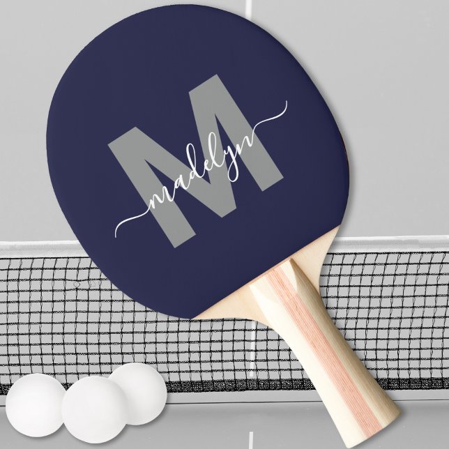 Raquette De Ping Pong Nom de script élégant bleu marine Monogramme (Navy Blue Elegant Script Name Monogram Ping Pong Paddle)