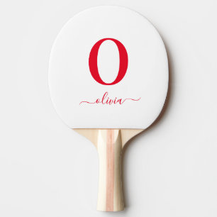 Raquette De Ping Pong Nom De Script Monogramme Personnalisé Blanc Et Rou