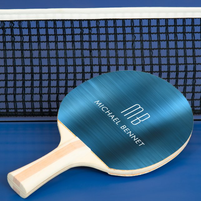 Raquette De Ping Pong Nom du monogramme métallique bleu cool (Insitu)