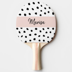 Raquette De Ping Pong Nom du monogramme moderne   Points rose et noir Pa