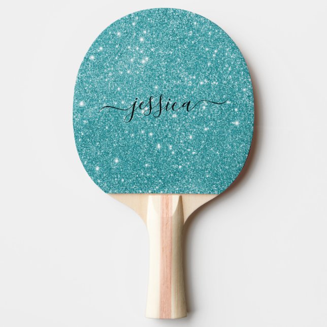 Raquette De Ping Pong Nom du script de parties scintillant turquoise mod (Devant)