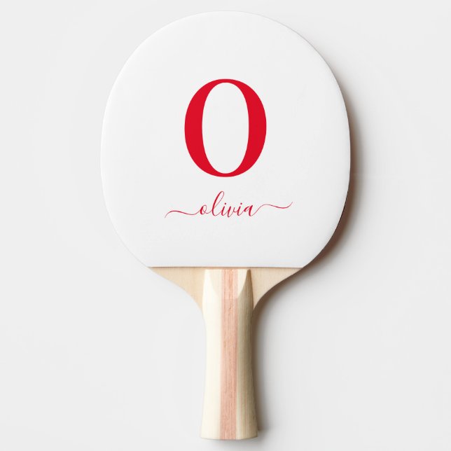 Raquette De Ping Pong Nom en écriture Monogram Personnalisé Blanc et Rou (Devant)
