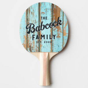 Raquette De Ping Pong Nom et année de la famille rétro en bois lavé bleu