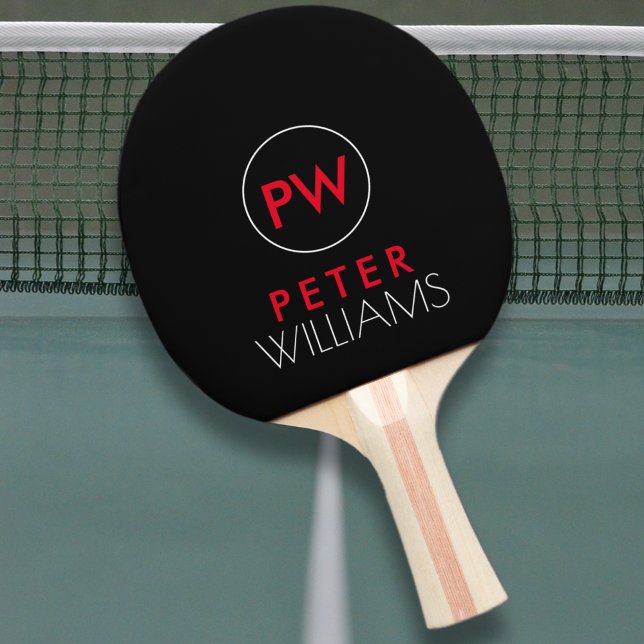 Raquette De Ping Pong Nom et initiales monogramme sur cool noir (Créateur téléchargé)