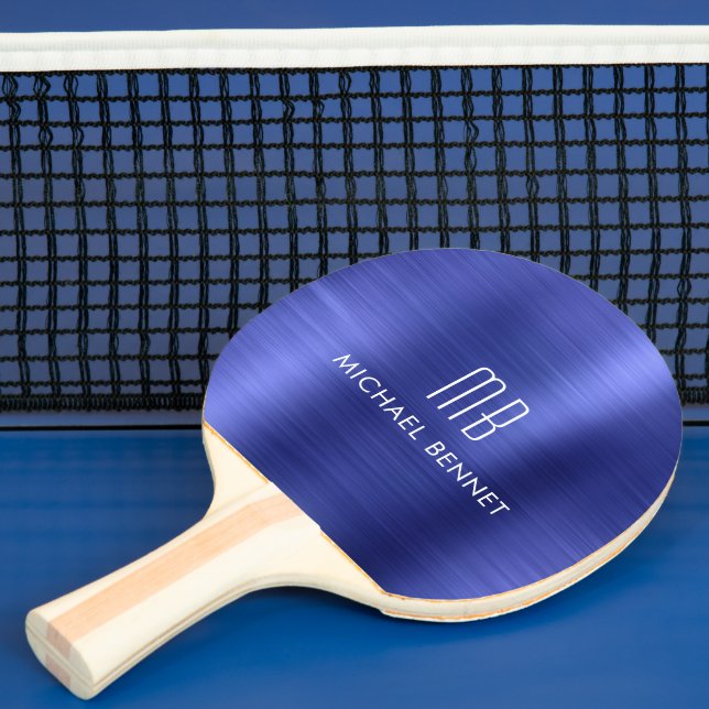 Raquette De Ping Pong Nom Monogramme Métallisé Bleu Élégant (Insitu)