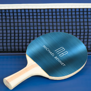 Raquette De Ping Pong Nom Monogramme Métallisé Bleu Foncé