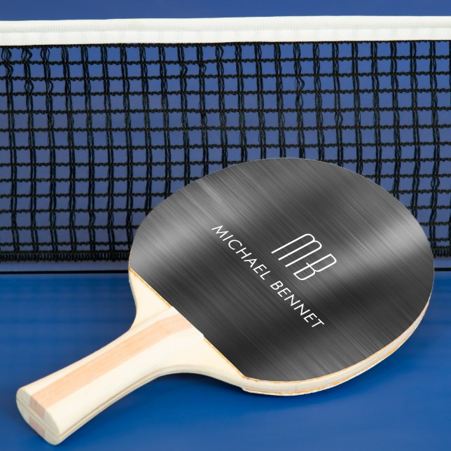 Raquette De Ping Pong Nom Monogramme Métallisé Noir Élégant (Insitu)