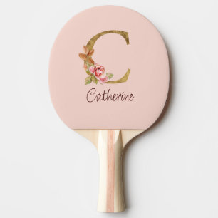 Raquette De Ping Pong Nom personnalisé Blush Rose Fleur Lettre C Or