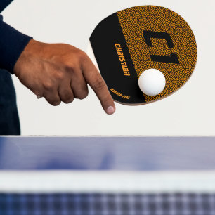 Raquette De Ping Pong Nom personnalisé du Motif géométrique noir et oran