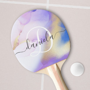 Raquette De Ping Pong Nom personnalisé Monogram Purple Aquarelle Luxe