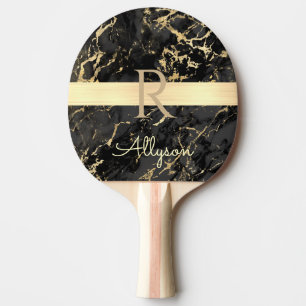 Raquette De Ping Pong Nom personnalisé & monogramme, barre dorée, marbre
