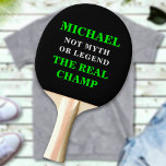 Raquette De Ping Pong Nom personnalisé Texte Le vrai Champion Personnali<br><div class="desc">Customisez le texte et créez facilement votre pagaie de ping-pong personnalisée. Cliquez sur CUSTOMISER PLUS LOIN pour modifier la couleur du texte. Vous pouvez TRANSFÉRER ce DESIGN sur d'autres produits Zazzle et l'ajuster à la plupart des articles Zazzle. Les conceptions Studio standard sont faites dans des graphiques vectoriels haute résolution...</div>