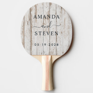Raquette De Ping Pong Noms de couple en bois à badigeon blanc avec date 