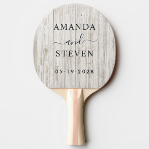 Raquette De Ping Pong Noms de Couple en Bois Blanchi avec Date de Mariag
