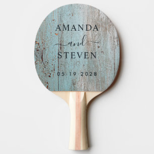Raquette De Ping Pong Noms de couple en bois peint bleu avec date de mar