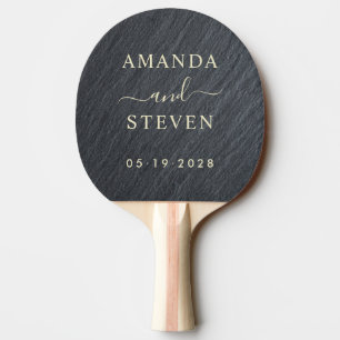 Raquette De Ping Pong Noms de couple en granit noir lisse avec mariage