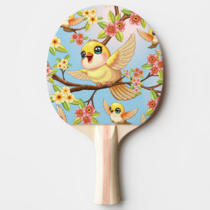 Raquette De Ping Pong Oiseaux mignons et heureux parmi les fleurs du pri