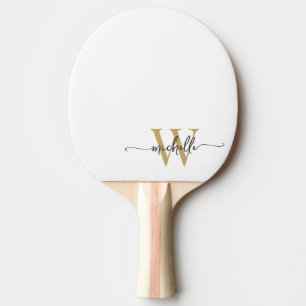 Raquette De Ping Pong Or Blanc Moderne Écriture Personnalisée Monogramme