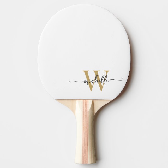 Raquette De Ping Pong Or Blanc Moderne Écriture Personnalisée Monogramme (Devant)