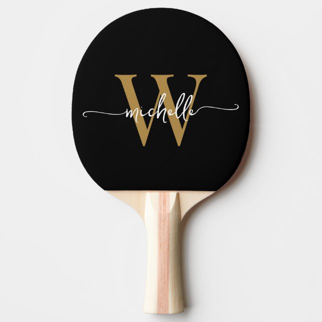 Raquette De Ping Pong Or noir moderne personnalisé avec monogramme en éc (Devant)