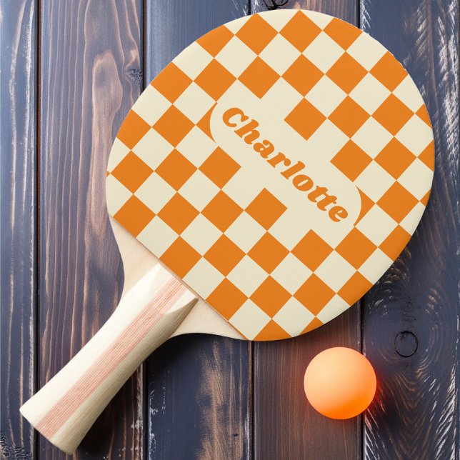 Raquette De Ping Pong Orange & Crème à Carreaux avec Nom (Créateur téléchargé)