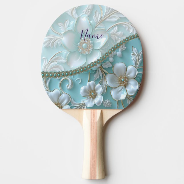 Raquette De Ping Pong Pagaie turquoise blanche florale (Devant)